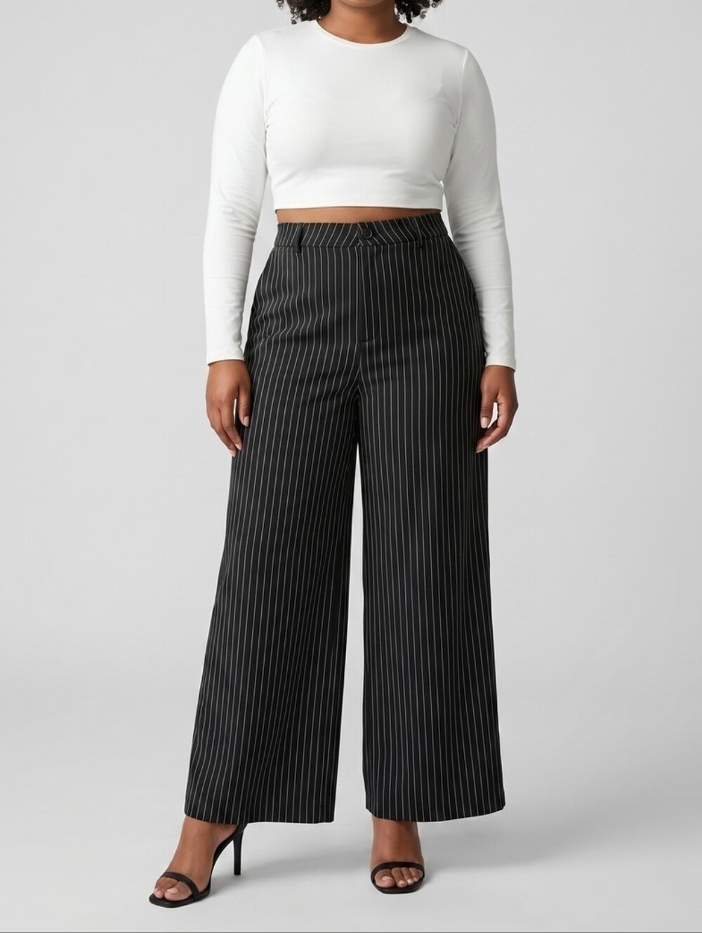 New Jones New York Black Wide Leg Pinstripe Trousers with White Stripes 3X